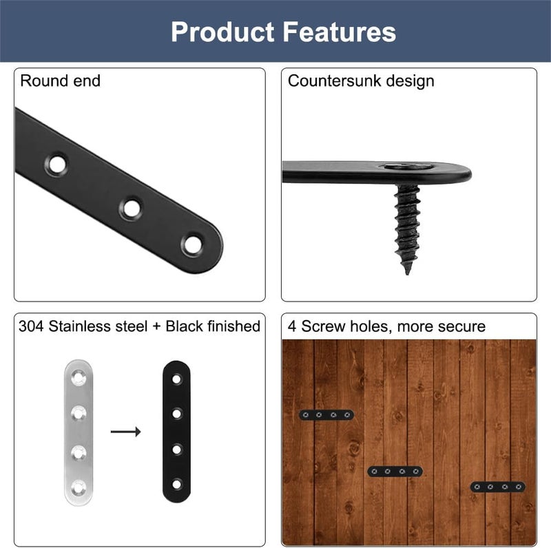 YEWLACA 8Pcs Black Stainless Steel Flat Brace Mending Plates, 3 Inch Sturdy Wood Furniture Repair Brackets with Screws - Image 3